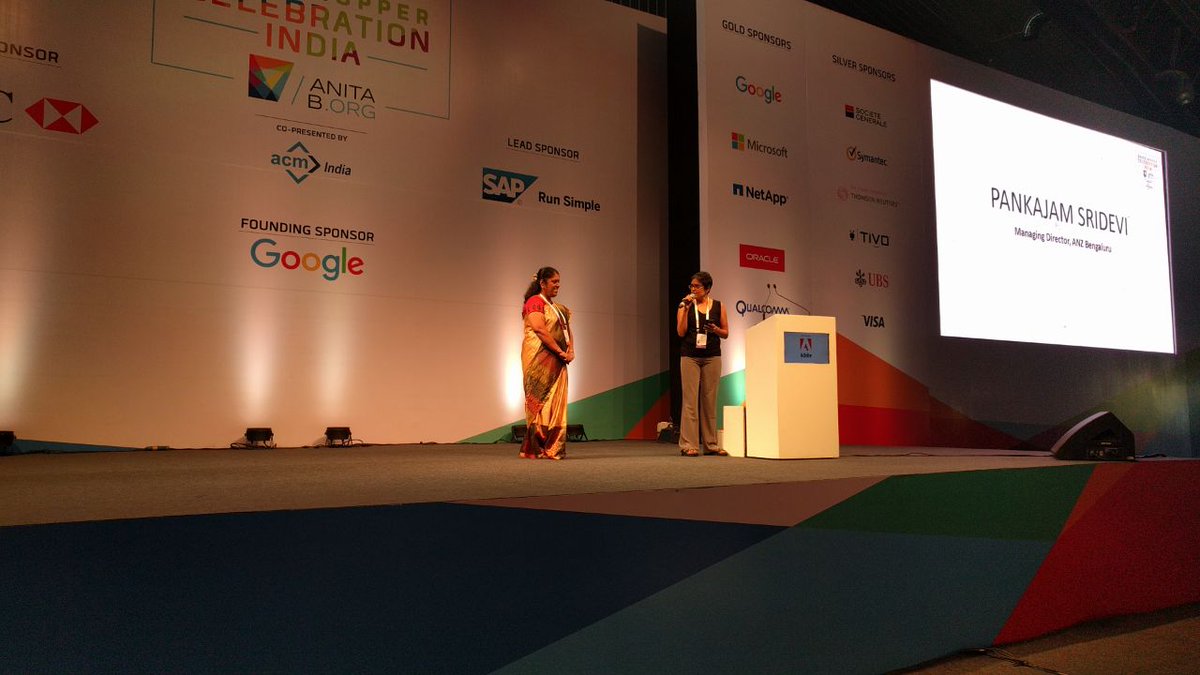 AnitaBorg_India's tweet photo. We welcome our keynote speaker @saasnp , Managing Director of ANZ Bengaluru Service Centre. Pankajam has been at the forefront of leading the diversity and inclusion agenda in ANZ and has been felicitated with Women Super Achiever Award 2017. #GHCI17 https://t.co/lQ61kmzJ4c