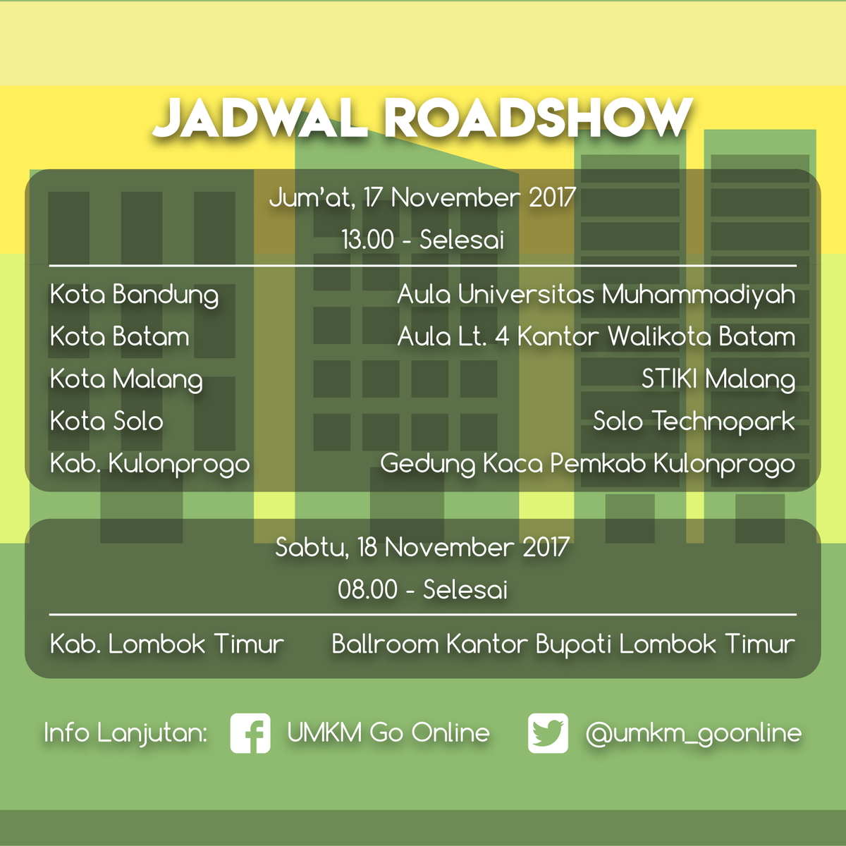 Inilah jadwal roadshow untuk hari Juma’t, 17 November dan Sabtu, 18 November ini.

Nantikan di kota-kota kalian untuk kedatangan kita selanjutnya ya!

#UMKMGoOnline