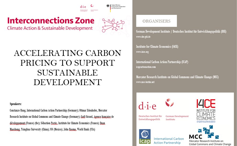 BrigitteKnopf's tweet photo. Join us today at 10am on "Accelerating #CarbonPricing to support sustainable development" with Ottmar Edenhofer @MCC_Berlin, John Roome @WorldBank, @ICAPSecretariat, @I4CE_, @DIE_GDI at Interconnections Zone #interconnect17 #COP23 https://t.co/l4hX3GvK48 https://t.co/exY1nBpg1U