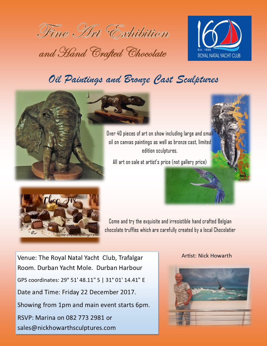 NHSculptures's tweet photo. Come join us for a Fine Art #exhibition on 22 December at the Royal Natal Yacht Club in #Durban #Sculptures #fineart https://t.co/7oskGqKmlK