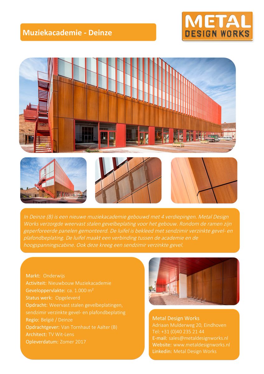 Metal Design Works verzorgde weervast stalen gevelbeplating voor de Muziekacademie in Deinze. Rondom de ramen zijn geperforeerde panelen gemonteerd. De luifel is bekleed met sendzimir verzinkte gevel- en plafondbeplating.