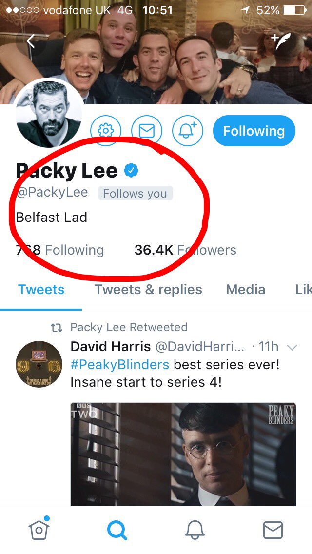CarrieSayWhaaat's tweet photo. When you realise you got a cheeky follow from Peaky Blinders Johnny Dogs 🙌🏻 #PeakyBlinders #Chuffin  @PackyLee https://t.co/12JuhnBk6d
