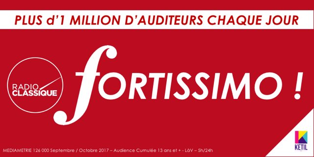 ketilmedia's tweet image. #AudiencesRadio Fortissimo @radioclassique !  Plus de 1 de million d'auditeurs chaque jour.