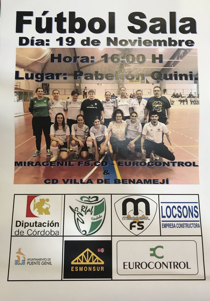 Subsanada la errata, volvemos a subir el cartel.( las prisas es lo que tiene )Domingo 19-11-2017
13:00 h Infantil & @SportingBenamej 
16:00 h femenino & @VillaDeBenameji 
@rperaltafutsal @catachi114 @VisitPteGenil @dipucordoba @achabel_2 @cordobaarbitros @eurocontrol_es @PilMo14