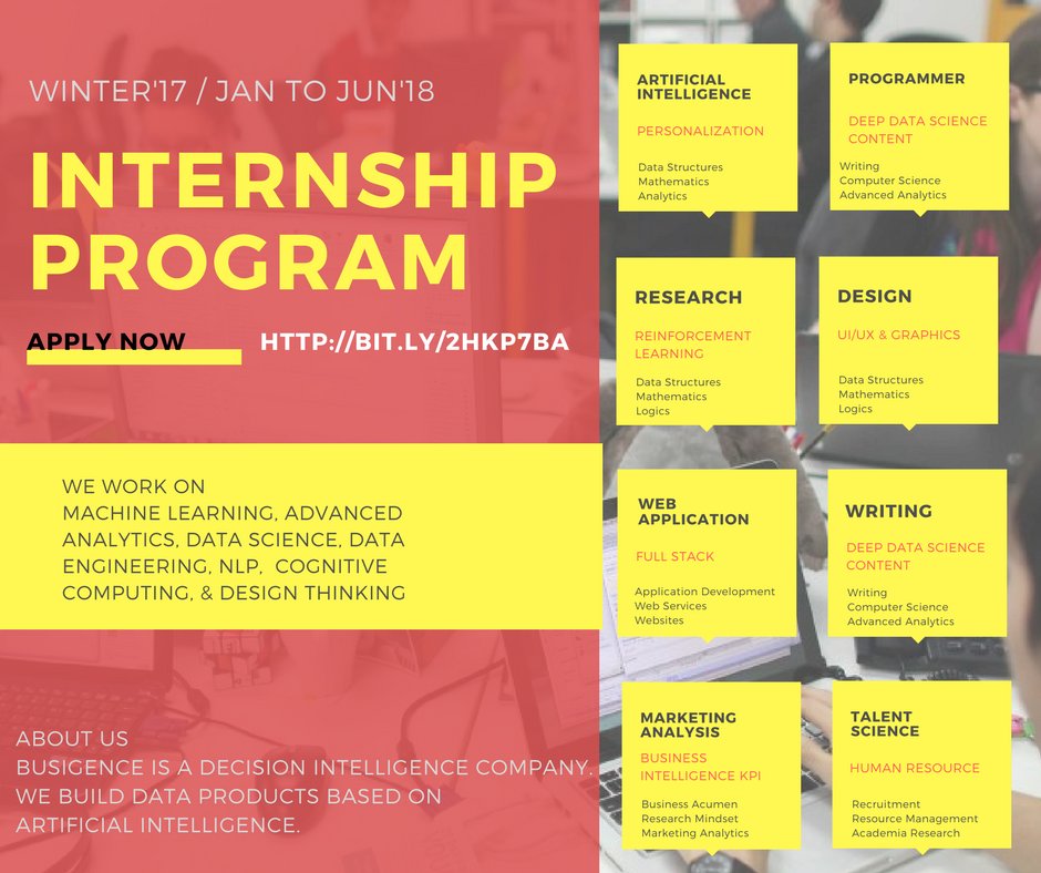 busigence's tweet photo. Busigence is offering <INTERNSHIP> for Winter 2017 & Jan-Jun 2018 for Bangalore location. We create AI. You shall be working on hard problems. APPLY here https://t.co/21OpytP5tn
#Busigence #AI #DeepLearning #MachineLearning #NLP #CognitiveComputing https://t.co/I373Brbzdn