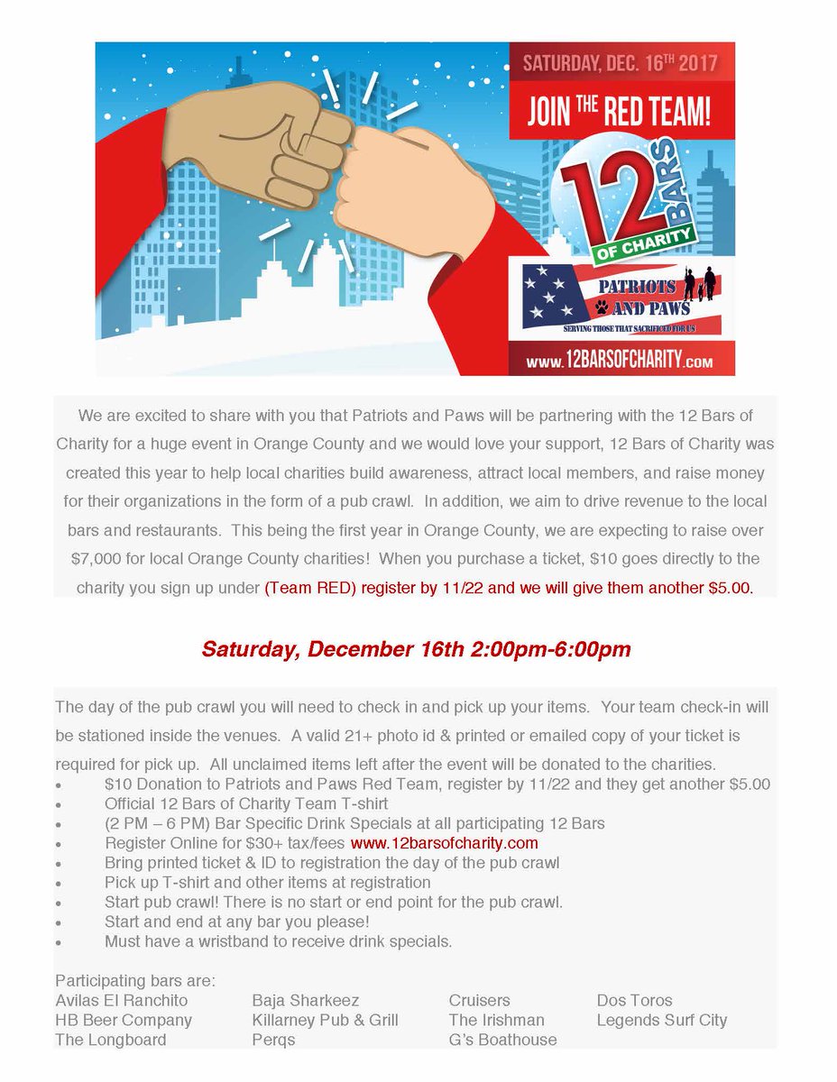 PatriotsandPaws's tweet photo. Join @PatriotsandPaws for a #pubcrawl to support our #nonprofit #charity join #teamred @OneOC #philanthropy #huntingtonbeach 12 Bars of Charity register by 11/22 and we get additonal $5 #everbithelps https://t.co/sSayG0LYx6
