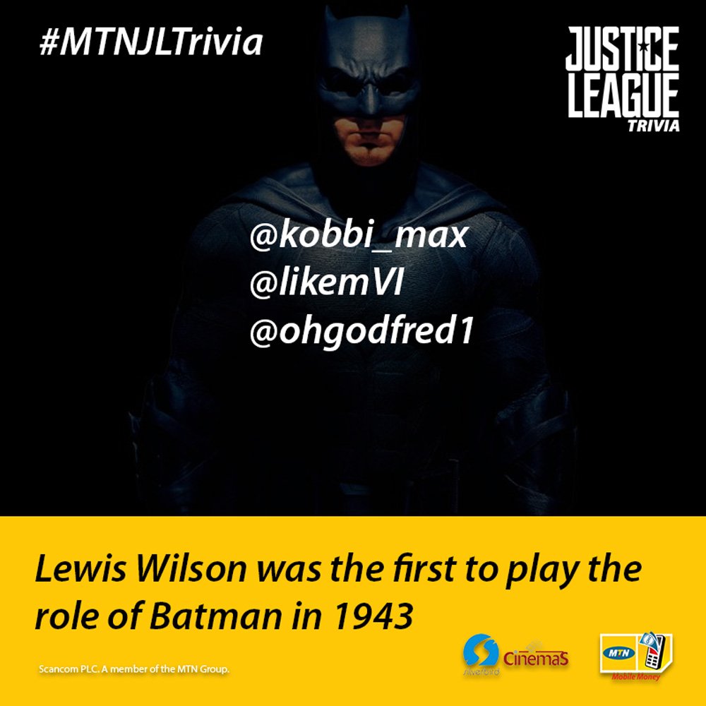 MTNGhana's tweet photo. Congratulations to the winners of #MTNJLTrivia Day 2.
- @kobbi_max
- @likemVI
- @ohgodfred1
Even cooler? You get to bring a friend along with your ticket. @SilverbirdGhana #JusticeLeague https://t.co/bievb3XVWC