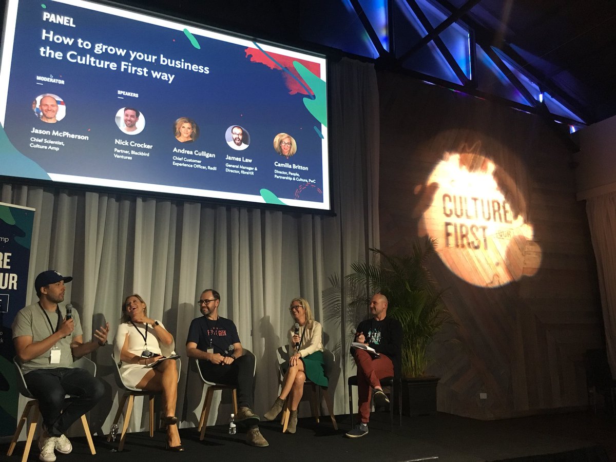 CultureAmp's tweet photo. Great #culturefirst panel in #Melbourne with @nickcrocker Andrea Culligan @getredii @jimilaw Camilla Britton @PwC_AU and @drpeoplegeek 🙌 https://t.co/tKY5t5Khd4