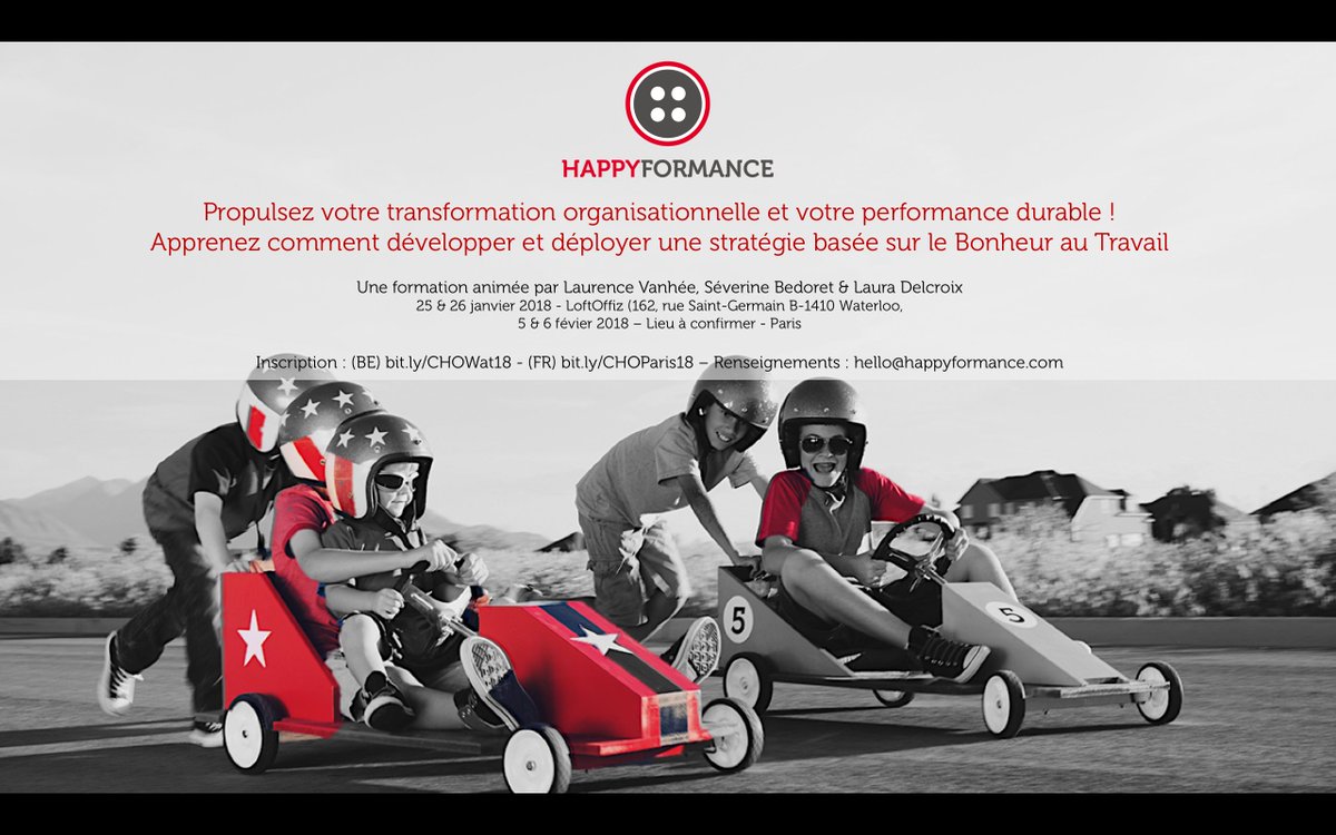 Les dates des Masterclasses 2018 "Stratégie &amp; outils du Chief Happiness Officer" d'<a href="/Happyformance/">Happyformance</a> sont connues. 4ème promo à Waterloo (BE) 25- 26/1. 5ème promo a à Paris les 5-6/2. Info et inscription : BE byt.ly/CHOWat18 / FR bit.ly/CHOParis18