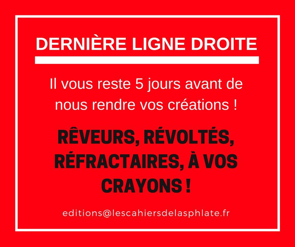 #CestIntolerableQuandLesGens ne répondent pas à notre appel à contributions ;) 

Imaginez. Mai 2018. La France est de nouveau dans la rue. Que s’est-il passé ? Comment cela finira t-il ? Rêveurs, révoltés, réfractaires, à vos crayons !