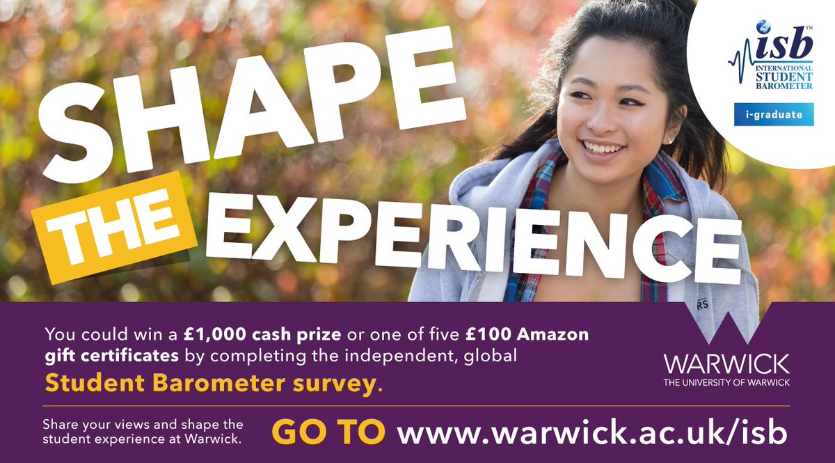 uniofwarwick's tweet photo. Have you completed the #StudentBarometer survey? Share your feedback &amp; you could win either a £1,000 cash prize or donate £1,000 to charity 📝💻💰😃
https://t.co/EkZ9TvCVU7 https://t.co/VVnEYPanWL