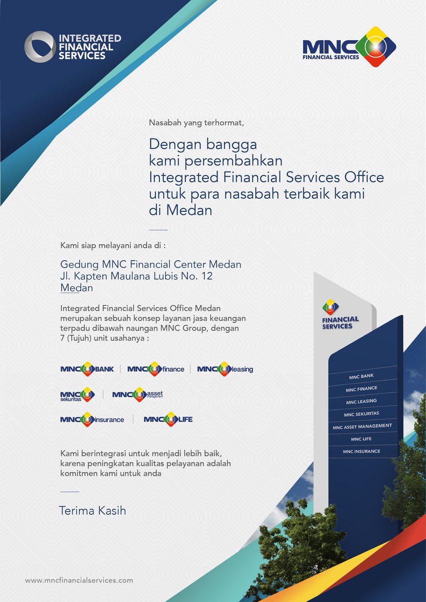 MNCLeasing's tweet photo. Hari ini, Kamis (16/11), @MNCKapital kembali meresmikan Integrated Branch MNC Financial Services di Medan. Grand Opening Integrated Financial Services Medan berlokasi di Jl. Kapten Maulana Lubis No. 12, Medan, Sumatera Utara #MNCOneStopServiceMedan https://t.co/iqH2OIJhUy