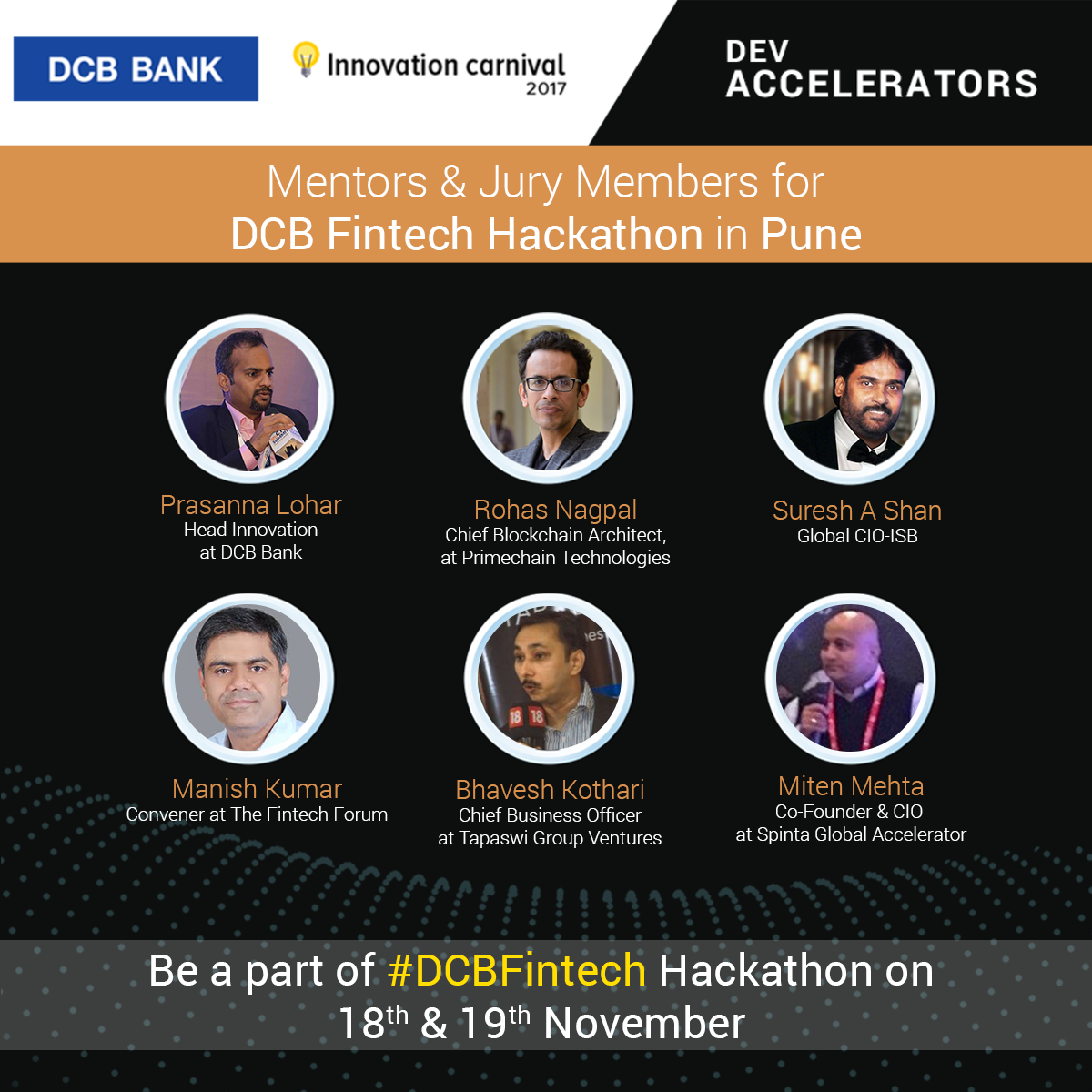 DCBHackathon's tweet photo. India's most influential leaders, industry stalwarts, startup founders and mentors are coming to DCB Innovation #Hackathon 2017. Click here to Register: https://t.co/ksiauJKuWY 

#Pune Hackathon Date: 18th and 19th Nov 2017, Time: 18th Nov, 11:00 am onwards #DCBFintech https://t.co/XDCNrGnaQZ