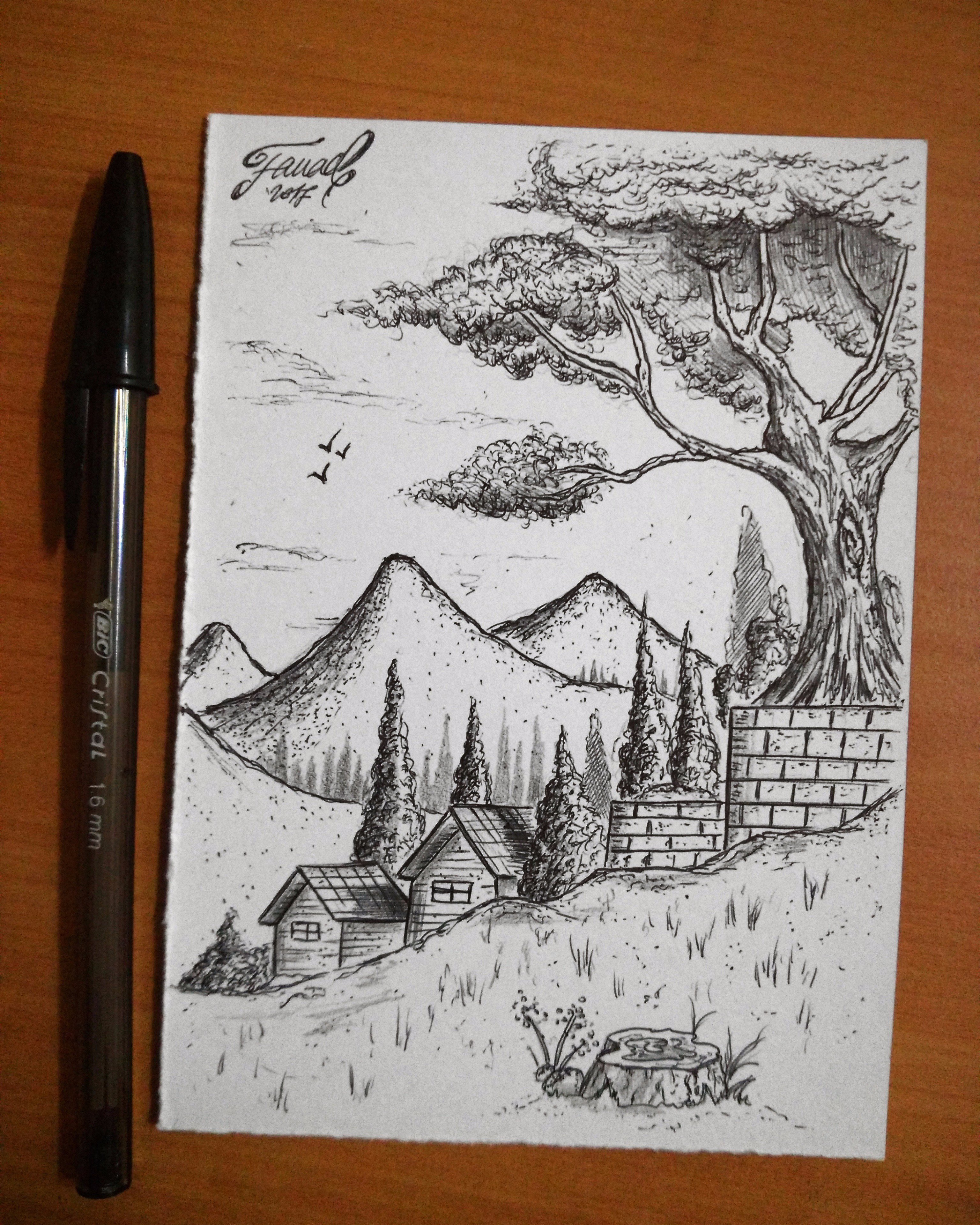Scenery drawing with sketch pen, Easy landscape drawing for beginners, Sketch  pen drawing