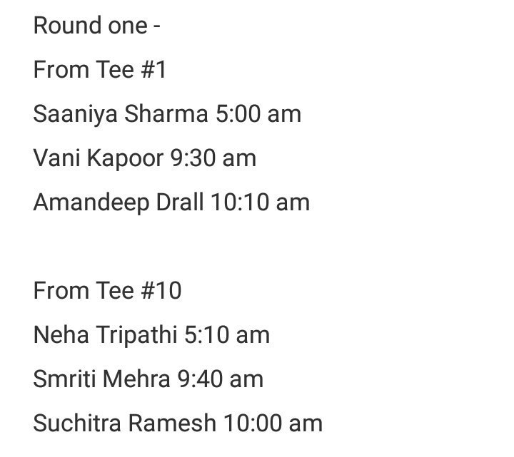#SanyaLadiesOpen 2017 🇮🇳 players' tee times (in IST).

Best wishes to all the participants. Play well!

#WomensGolf #LET #ChinaLPGA #LAGT