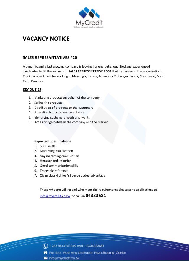 rosofttech's tweet image. Job opportunity!! MyCredit is looking for Sales Representatives. Please RT to spread awareness #Zimbabwe