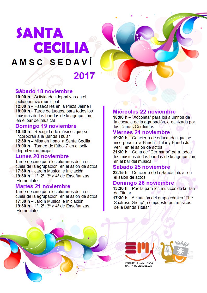 FSMCV's tweet photo. 📯 SANTA CECILIA 2017 📯
La AMSCS de Sedaví arranca este sábado su programa de actos con actividades deportivas, pasacalles, juegos y muchas más actividades. El concierto de la Banda Titular se celebrará el sábado 25 a las 22:15h en el salón de actos de la agrupación. https://t.co/L27ws0MmLV