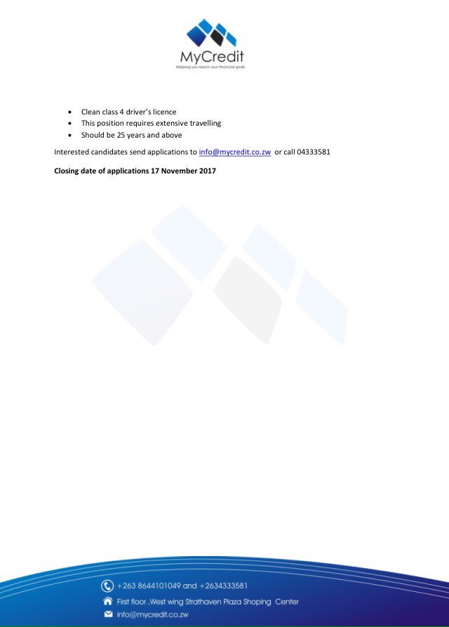 rosofttech's tweet image. MyCredit is looking for a Sales and Marketing Manager. Please RT for awareness, closing date for applications 17/11/17. #Zimbabwe