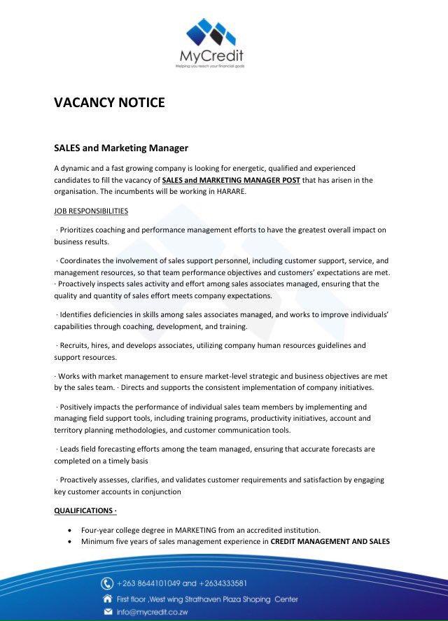 rosofttech's tweet image. MyCredit is looking for a Sales and Marketing Manager. Please RT for awareness, closing date for applications 17/11/17. #Zimbabwe