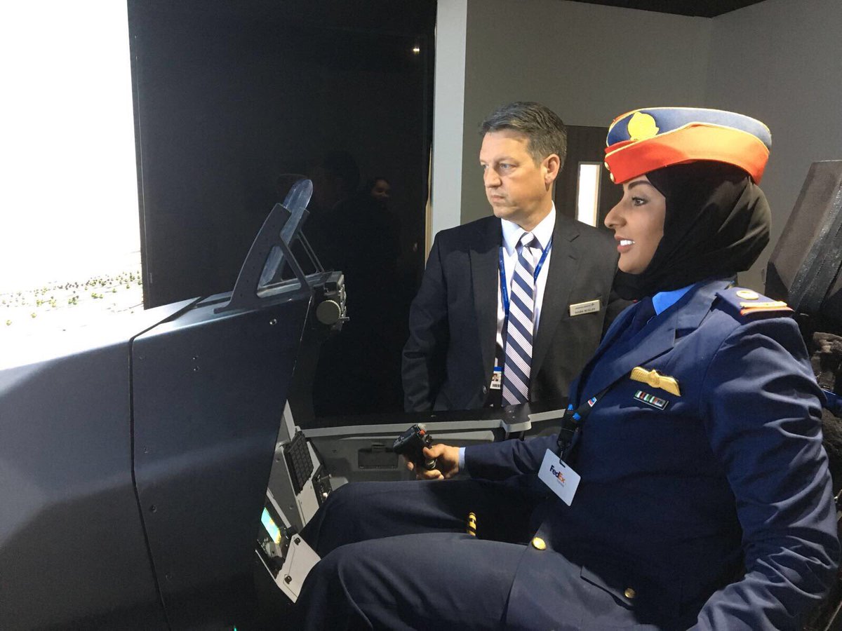 GATETraining's tweet photo. RT @LMMiddleEast: Major Mariam Al Mansouri, the #UAE’s first female Emirati airforce pilot visited the @LockheedMartin booth during @DubaiAirshow. #DAS17 https://t.co/2TfHCl94Nt