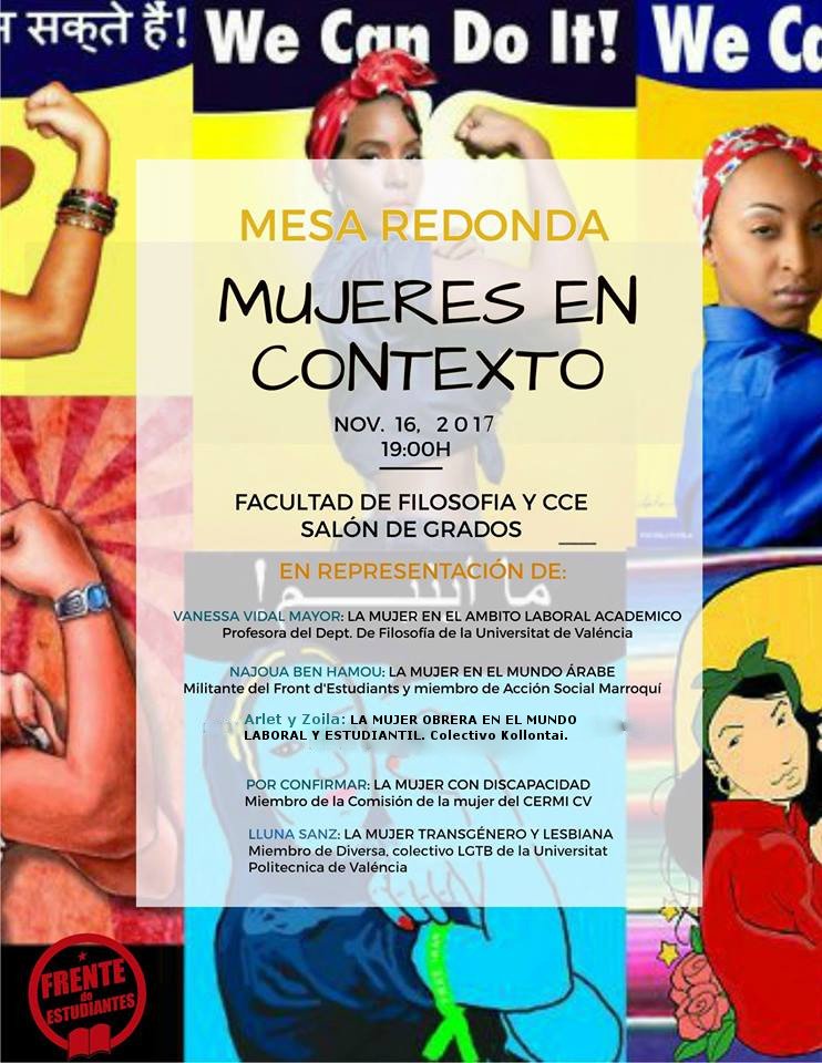 fde_valencia's tweet photo. Os recordamos que hoy a las 19:00 tendrá lugar en el salón de grados de la facultad de filosofía de la @UV_EG la mesa redonda "Mujeres en Contexto" en la cual participarán diversas organizaciones para explicar la situación de la mujer desde diversos ámbitos. https://t.co/sLXhGv8oId