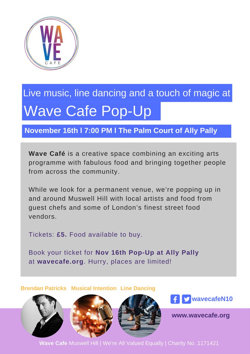 leeabbeylondon's tweet photo. Or if you fancy a night out, why not go to the @wavecafeN10 Pop Up tonight @Yourallypally? This one-off event has live music, food, a magic show, arts-based activities and line dancing. Some of our Community will be volunteering so go along and support a fantastic cause! https://t.co/AJV6cldDK2