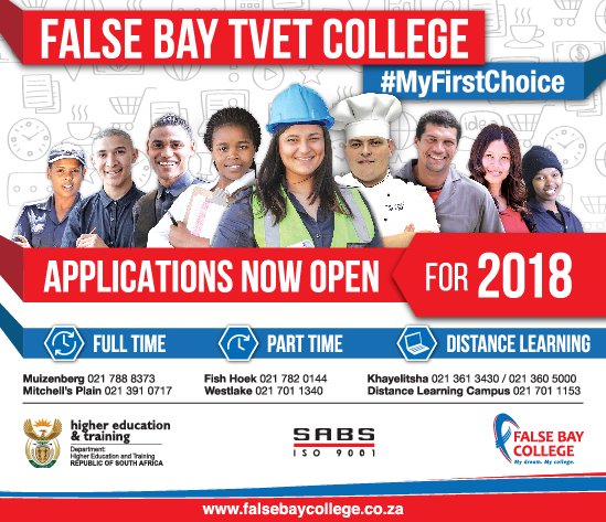 Make False Bay TVET College #MyFirstChoice for 2018. Applications are Open! Apply today.