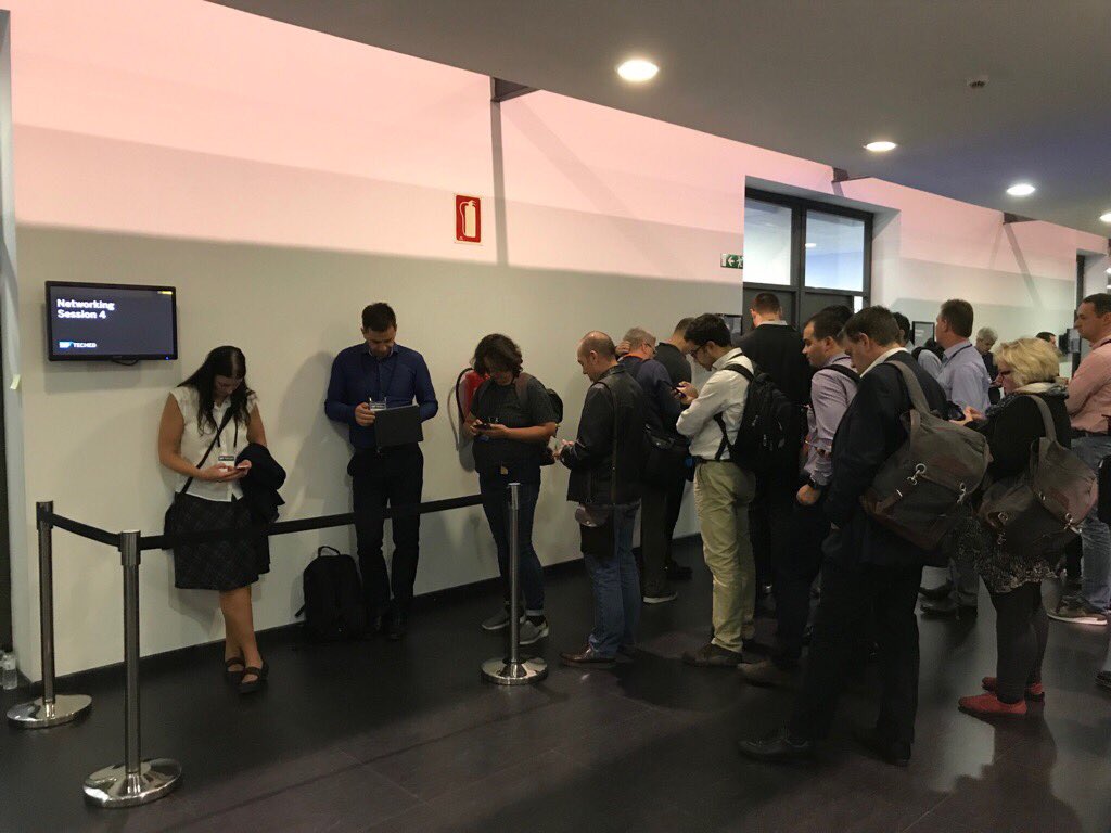 Exoriens's tweet photo. Yesterdays queue @SAPTechEd networking session: Discuss your testing strategy. Next Networking Session (4), starts at 11am today #SAPUnitTest https://t.co/D2Zev2T4OG