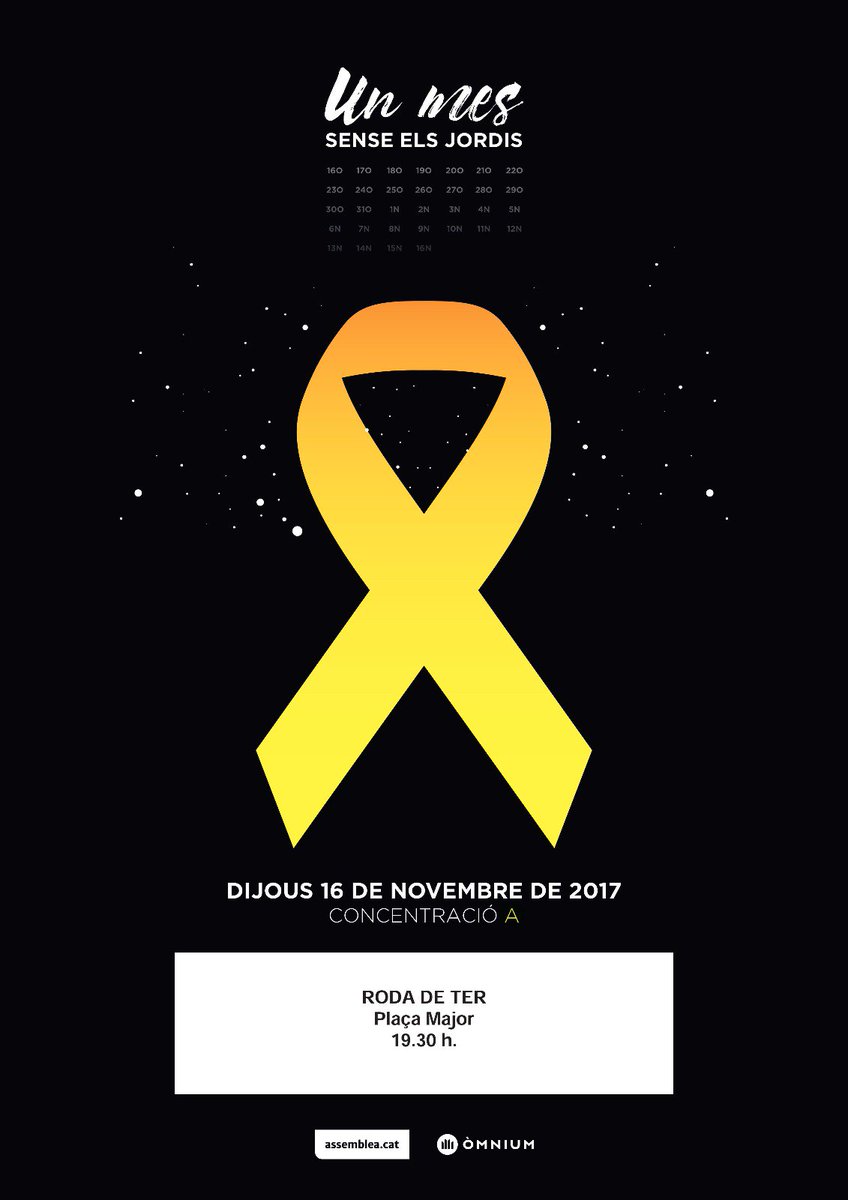 AssembleaRoda's tweet photo. Avui fa un mes que els Jordis són a la presó. 🎗
A les 19.30 h ens trobem a la Plaça Major per reivindicar la seva llibertat!
#LlibertatPresosPolítics https://t.co/YdfR9pPTr4