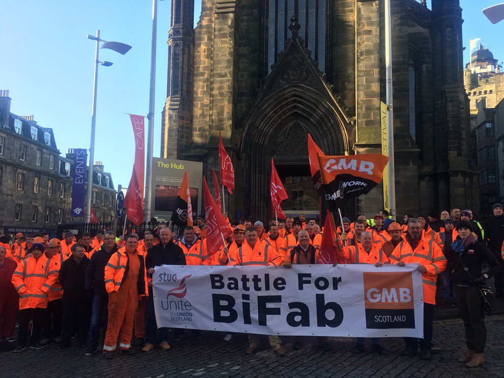 SCollins08's tweet photo. #battleforBiFab assembling to march on Parliament to save 1400 jobs in a viable Scottish industry https://t.co/8OhxEcdAiE