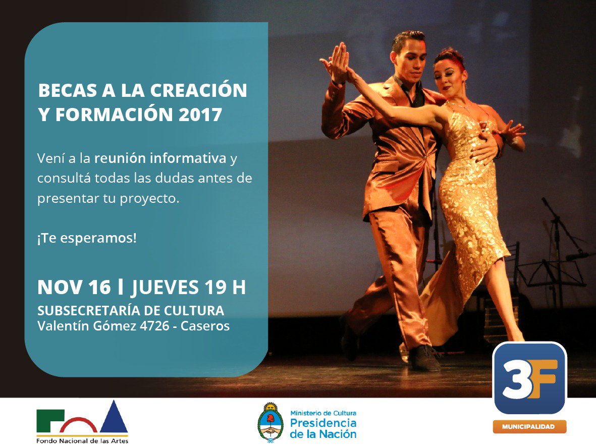 RicarTejerina's tweet photo. El @FnaArgentina, @MinCulturaAr y @Municipalidad3F lanzaron juntos #BecasCreativas. Hoy capacitaremos para presentación de proyectos! 🎥🎨🎤🎻🎭 https://t.co/QxuJGrT4Go