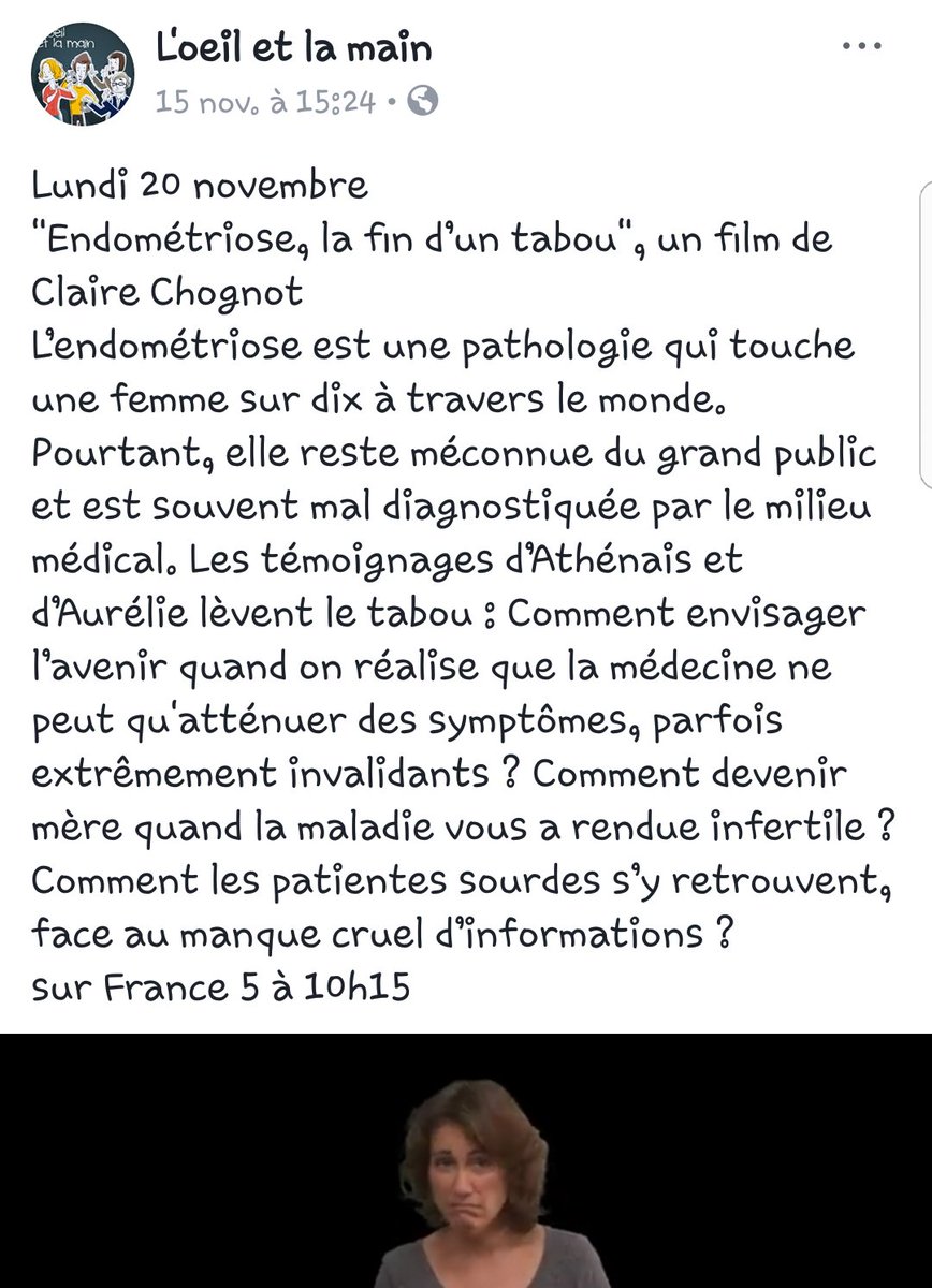 Association ENDOmind (@endomindfrance) on Twitter photo Lundi 20/11 à 10h15 sur @France5tv, diffusion du nouveau film de <a href="/ClaireChognot/">Claire Chognot</a> pour <a href="/Loeiletlamain/">L'œil et la main</a>
Merci de continuer à sensibiliser autour de l'#endometriose ! Lundi 20/11 à 10h15 sur @France5tv, diffusion du nouveau film de <a href="/ClaireChognot/">Claire Chognot</a> pour <a href="/Loeiletlamain/">L'œil et la main</a>
Merci de continuer à sensibiliser autour de l'#endometriose !