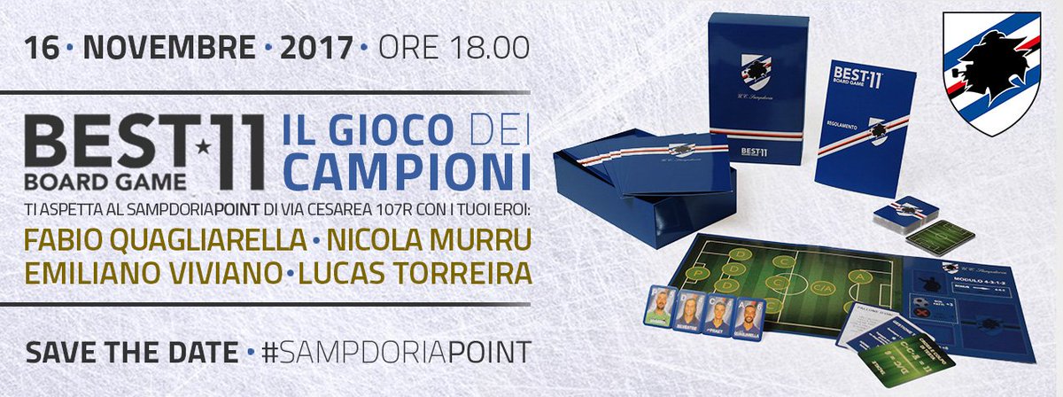 Oggi ore 18.00 al #SampdoriaPoint di Via Cesarea- Genova , incontro con 4 campioni blucerchiati per scoprire #BEST11, il gioco calcistico ufficiale della serie A! VI aspettiamo!