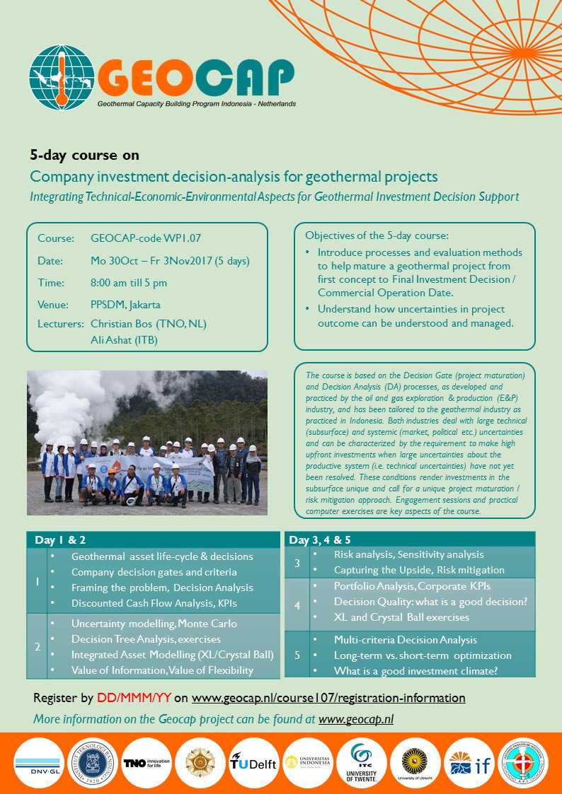 Tia_den_Hartog's tweet image. Two weeks ago, the course on Company Investment Decision-Analysis in Geothermal Projects took place in Jakarta. The course was given by lecturers from @TNO and @itbofficial . 
A few pictures to give an impression of the course.
#geothermal #geocap #Indonesia #Netherlands