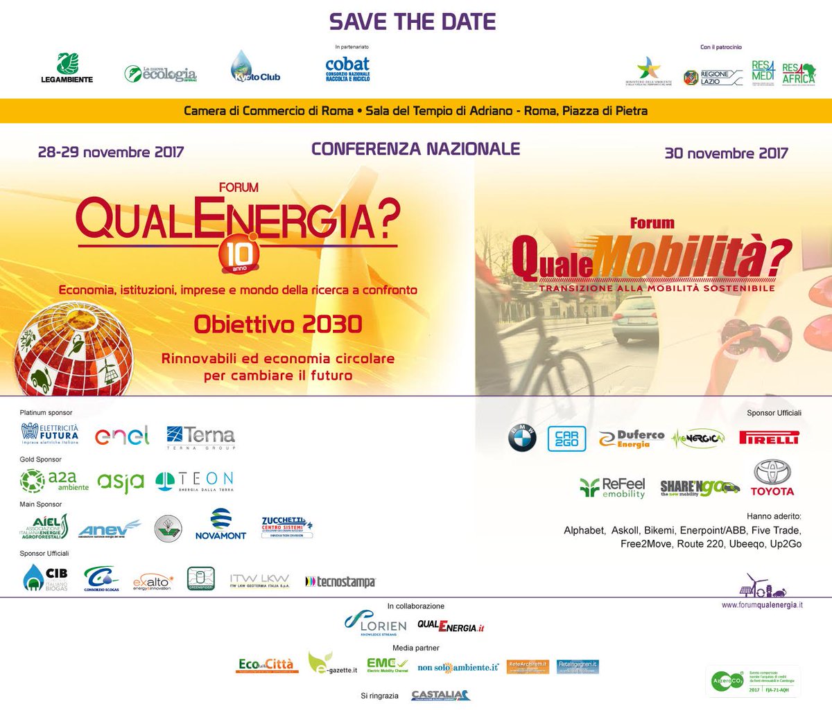 Legambiente's tweet photo. #Agenda 
Il 28/29 novembre a #Roma il X Forum #Qualenergia, il 30 #QualeMobilità. Rinnovabili ed economia circolare, per cambiare il futuro. Economia, istituzioni, imprese e mondo della ricerca a confronto.
Per informazioni, programma e iscrizioni >> https://t.co/IcwdHsrUi9 https://t.co/6NkiKKkGZq
