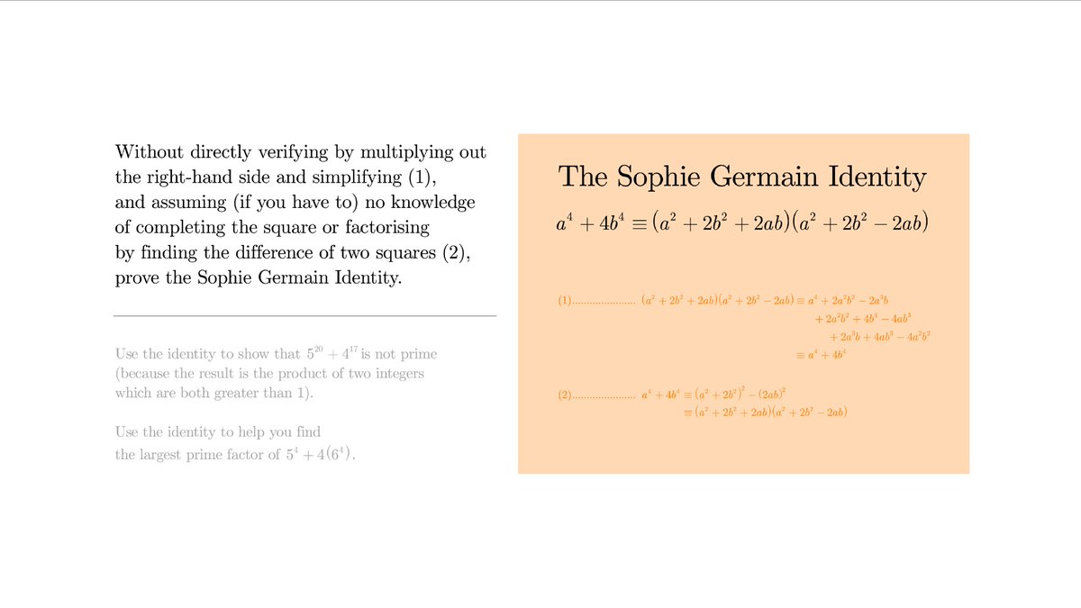 MathsEdIdeas's tweet image. Problem: The #SophieGermain Identity | #AlgebraicManipulation #Proof #WomenInSTEM #WomenInMaths | Blog post about the problem: mathsedideas.blogspot.co.uk/2017/11/on-pro… | For more problems: