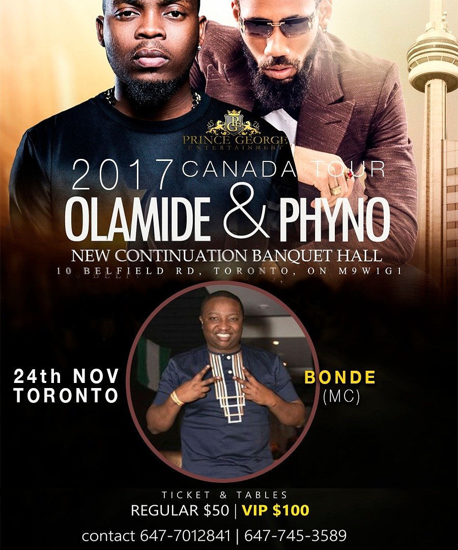 MCBonde1's tweet photo. Your OFFICIAL #MC #Host #Emcee for #TheCultureTour in #Toronto feat. @baddosneh aka #Olamide and @phynofino aka #Phyno #LiveInConcert next week Friday Nov. 24th. I have a few #tickets left... call/text/email me #ASAP -» 647-834-6903 / mcbonde2010@gmail.com https://t.co/WwB0vqFmRF