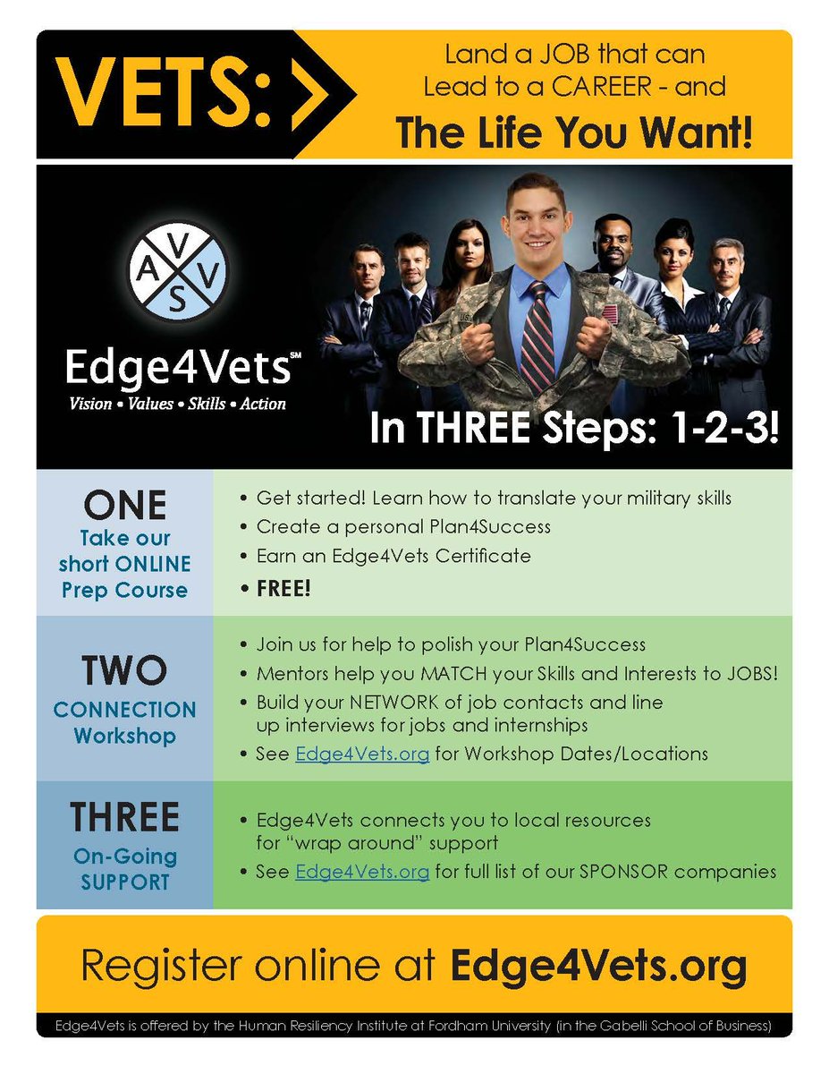 QCVets's tweet photo. If you are a Veteran looking for a job that provides a career path, you are now able to do so by by taking three easy steps with #edge4vets 
See Flyer for more Details 
#CunyVets2017 #NYCVeterans #HSBC https://t.co/79OSfyw0RR