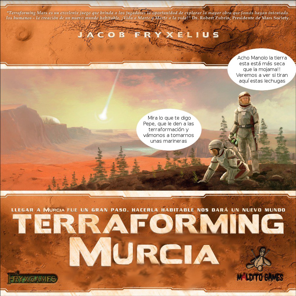 asoc_elduende's tweet photo. En exclusiva el próximo juego de Jacob Fryxelius, reimplementación del aclamado Terraforming Mars ambientado en Murcia. Esperamos que los cracks de @MalditoGamesES se animen a traerlo pronto en castellano https://t.co/PLQRFEzmmS