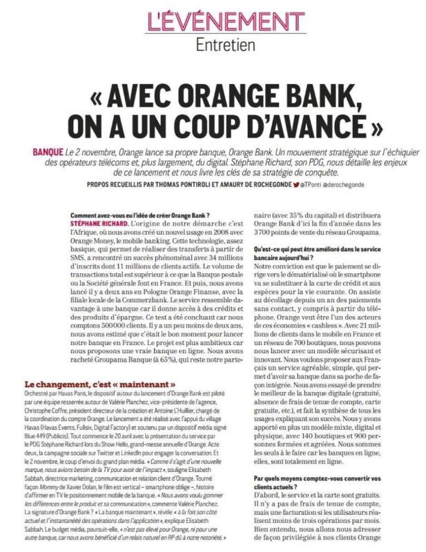 « Avec <a href="/OrangeBankFR/">Orange Bank</a>, on a un coup d’avance », <a href="/srichard/">Stéphane Richard</a> <a href="/orange/">Orange</a> à lire dans <a href="/Strategies/">Strategies</a> c/<a href="/andre_coisne/">André Coisne</a> <a href="/ElisaSabbah/">Elisabeth Sabbah</a> <a href="/DamemeChristine/">Damême Christine</a>