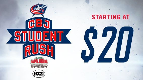 BlueJacketsNHL's tweet photo. We're back at @NationwideArena tomorrow and @PapaJohnsCbus Student Rush tickets are on sale NOW!

→ https://t.co/2KRU1j0bW5  

#CBJ | #CBJRush https://t.co/0yLdFDn3tP