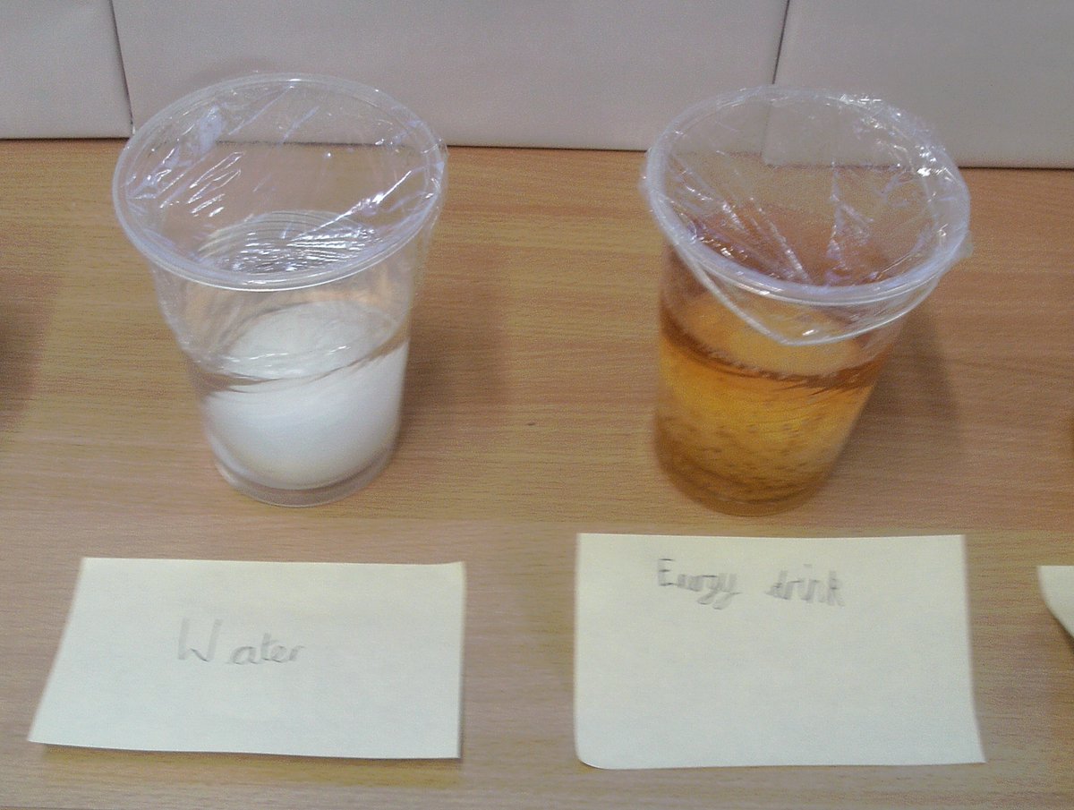 ClaveringTS27's tweet photo. #Y4JB This week in Science, we conducted an 'eggs'-periment to look at
the impact of sugar on our teeth. We left hard boiled eggs in different drinks to see what would happen. https://t.co/zk6otW5ONv