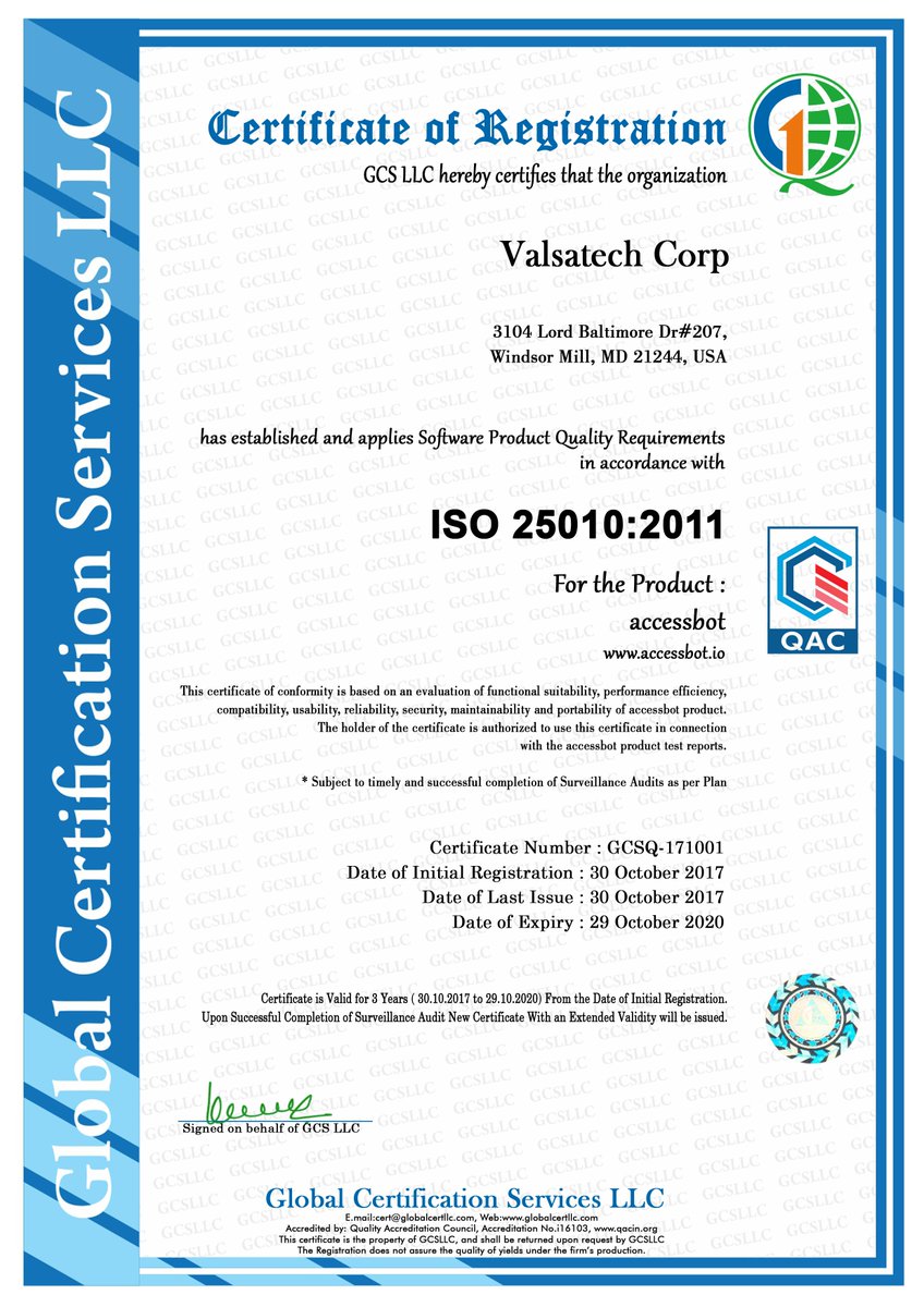 valsatechcorp's tweet photo. Valsatech is the 1st company in DC Metro Area to have a product certificate i.e. ISO 25010 for Accessbot. Congratulations team!! #ISO25010 https://t.co/Oj4cBw5iAW