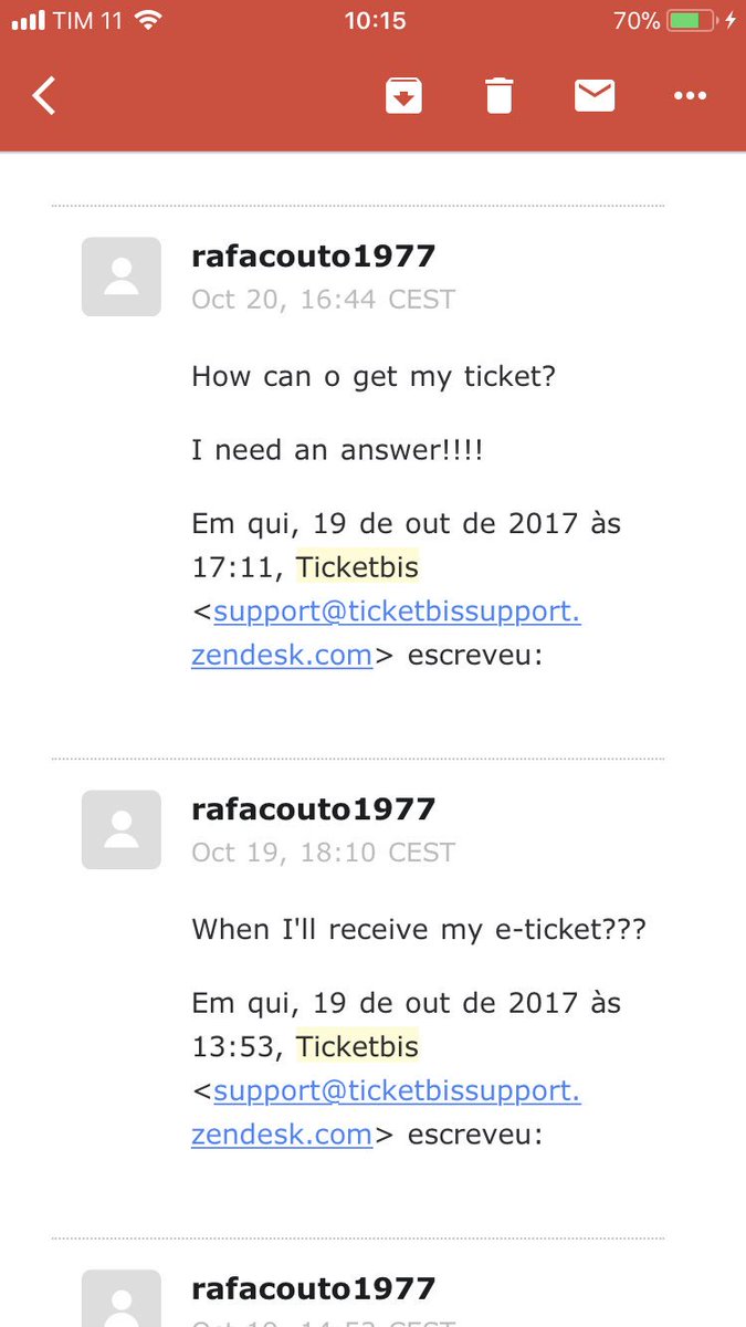 rafamodecouto's tweet photo. This is the email sequence to prove that @TicketbisNet os a scam #PremierLeague #ScamAlert https://t.co/CzPly87chB