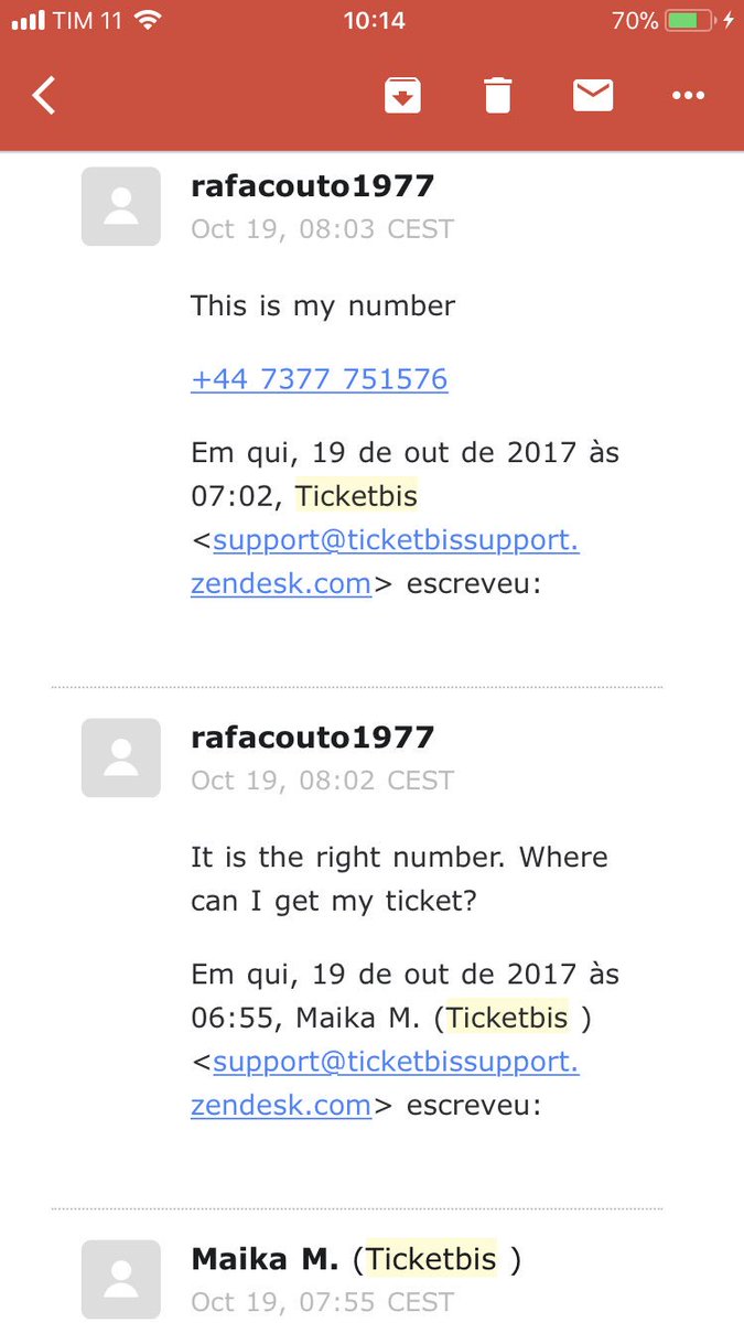 rafamodecouto's tweet photo. This is the email sequence to prove that @TicketbisNet os a scam #PremierLeague #ScamAlert https://t.co/CzPly87chB