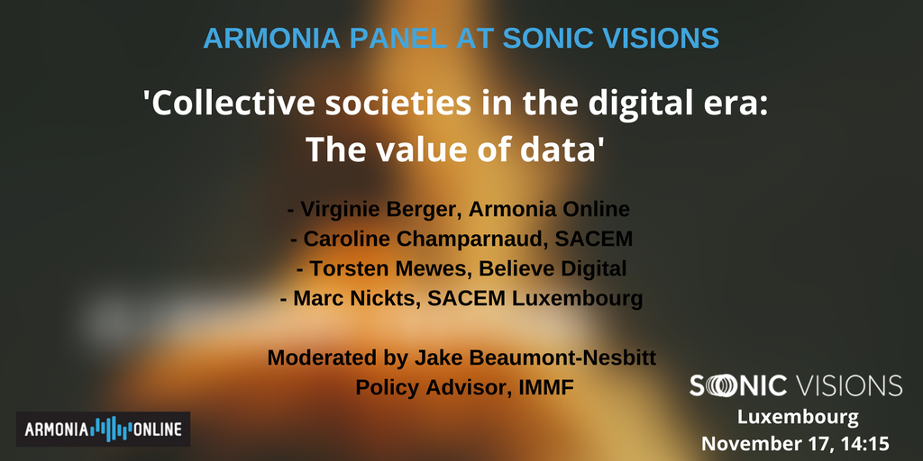 armonia_online's tweet photo. After #BUSH2017 today in Budapest, Armonia CEO is heading to @SonicVisions Luxembourg tomorrow for the panel "Collective societies in the #digital era: the value of #data" with @sacem @SacemLuxembourg @the_IMMF
#musicrights #SonicVisions
https://t.co/2EIU2rYZcU https://t.co/tAIoWIIxvn