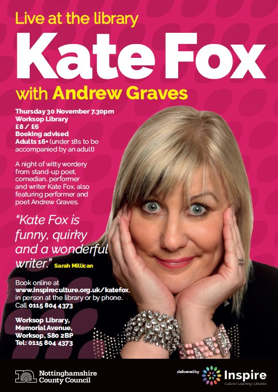 NottsLibraries's tweet image. Witty words coming to Worksop Library @WGUNews worksopguardian.co.uk/whats-on/witty…. 

Book now for an evening of wordplay, comedy and northernness with @katefoxwriter @MulletProofPoet inspireculture.org.uk/whats-on/event…