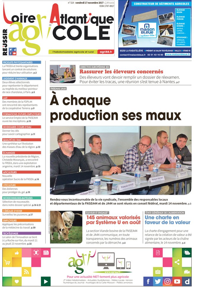 Agri44_LAA's tweet photo. À la Une de votre #journal #LoireAtlantique Agricole du vendredi 17 novembre : #viandebovine @AgriStartSumm @TechElevage #lait #CeuxQuiFontLeLait #conseilfédéral @FNSEA44 @jeunesagri44 #DirectiveIED @EleveursBovins @C_MORANCAIS https://t.co/NSG2JOIgeJ