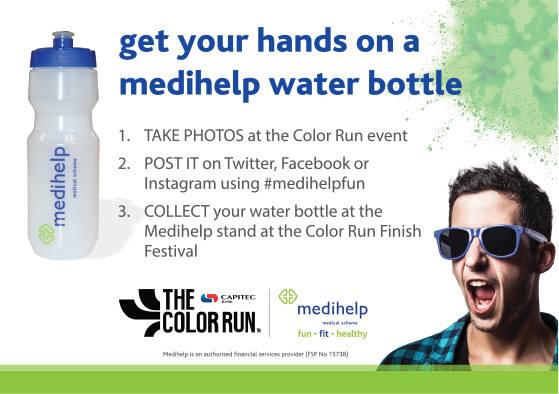 TheColorRunSA's tweet image. Race Day Awesome: We all know Superhero action can be quite dehydrating so @medihelpsa will be giving away an exclusive Medihelp water bottle to all Color Runners who enter the #medihelpfun promotion on race day!