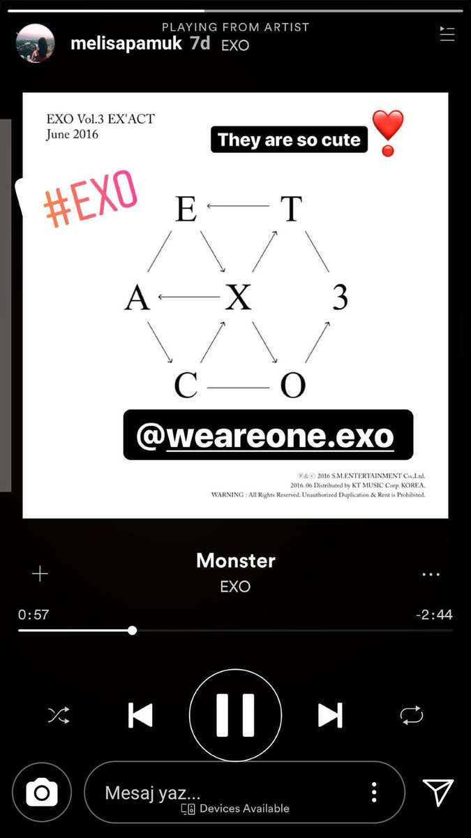 [171116] Oyuncu Melisa Pamuk Instagram hikayesinde "Monster" şarkısını paylaşmış. 💕 💪